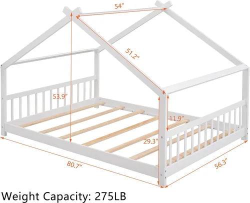 Vista 2 de Camas de madera Montessori tamaño matrimonial, cama de plataforma para niños con cabecero y estribo, no necesita somier (blanco)