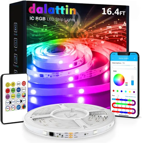 dalattin Tiras de Luces LED IC+RGB, Luces LED 5050 para Dormitorio, DIY Múltiples Colores en Una Línea, Luces LED con Control Remoto y App, Tiras de