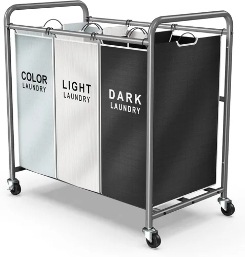 Vista 8 de ROMOON Organizador de lavandería, cesta de lavandería resistente de 3 secciones con ruedas y forros extraíbles, organizador que ahorra espacio