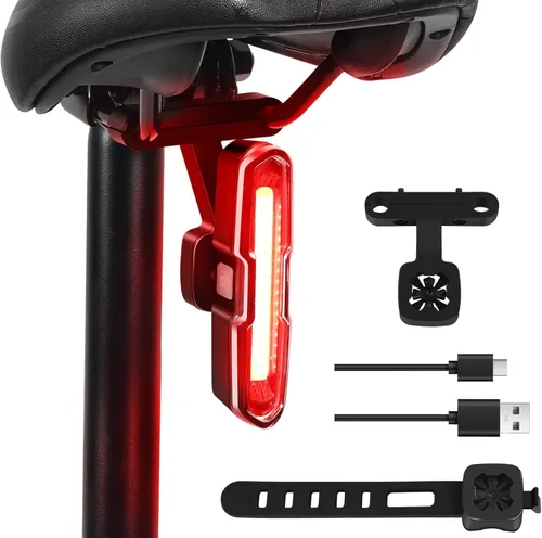 Bike Tail Light Powerful 110 Lumens - Rear Bike Light 5 Modes Red/Blue, Waterproof IP64, Rechargeable USB-C, Quick Release Brackets for Saddle &