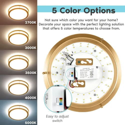 Vista 2 de LUXRITE Lámpara de Techo LED de Montaje al Ras de 10 Pulgadas, 5 Colores Seleccionables 2700K 3000K 3500K 4000K 5000K, Lámpara de Techo