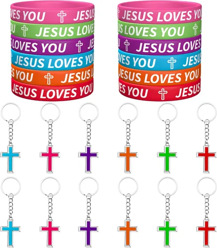 Haooryx Jesus Loves You - Juego de pulseras de silicona y llaveros de cruz, 24 pulseras de goma coloridas, llaveros religiosos de Jesús, decoración