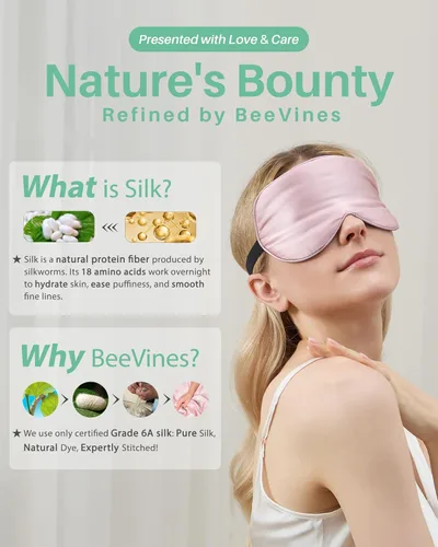 Vista 7 de BeeVines Paquete de 2 máscaras para dormir, 100% seda de morera real, máscaras de ojos de seda pura natural con correa ajustable para dormir, 100%