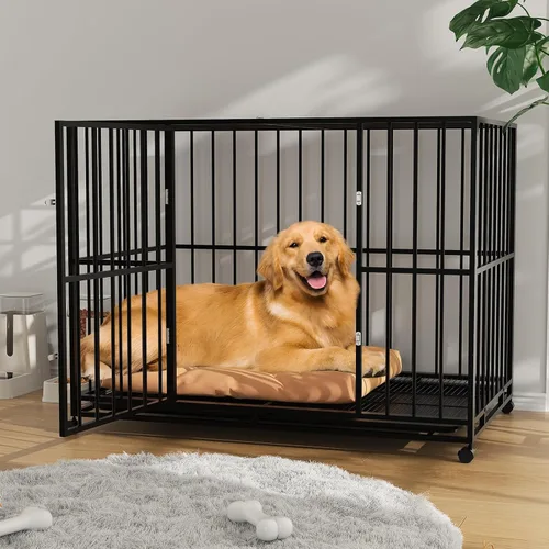 Vista 4 de Jaula para perros de 48 pulgadas, perrera de acero inoxidable para uso en interiores, jaula para perros a prueba de fugas con ruedas y bandeja