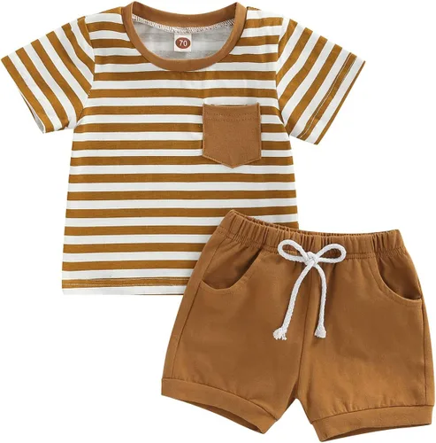 VISGOGO Conjunto de ropa de verano para bebé niño, camiseta de manga corta a rayas + pantalones cortos, 6, 12, 18, 24 meses, 2T 3T
