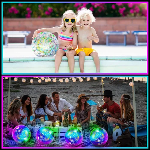 Vista 4 de Meooeck 16 bolas de playa inflables que brillan en la oscuridad, bolas de playa inflables con luces LED de 9 pulgadas, confeti brillante con Colorido