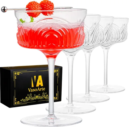 Juego de 4 vasos Art Deco Coupé, vasos de Martini vintage, vasos de cóctel de cristal con tallo de 6.5 onzas, tazas de Margarita, copas de champán