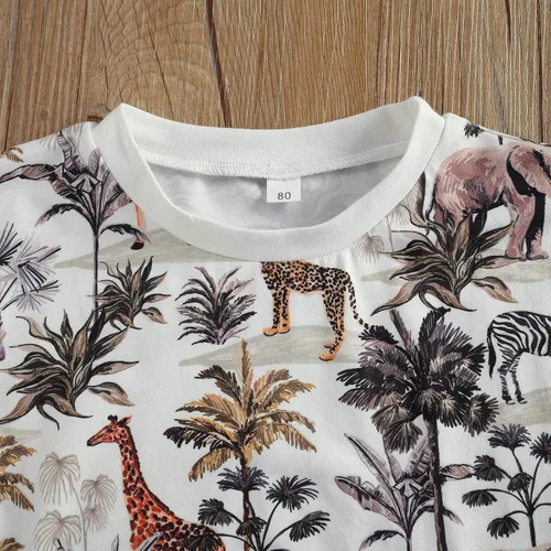 Vista 4 de Conjunto de ropa de verano para bebés y niños pequeños, mameluco de manga corta con estampado de animales de bosque, conjunto de 2 piezas