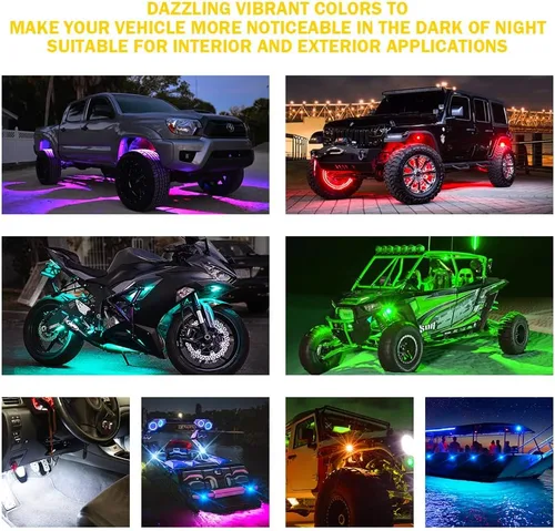 Vista 7 de Xprite - Kit de luces LED RGBW con Bluetooth y control remoto inalámbrico, luces de neón multicolor para vehículos, luces para ruedas y bajos