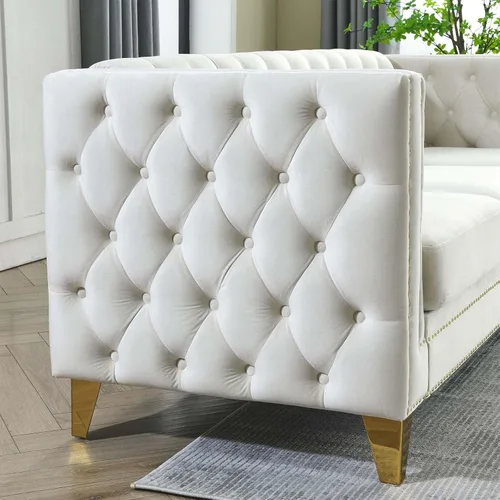 Vista 6 de Antetek Sofás en forma de L para sala de estar, moderno sofá de terciopelo con botones y reposabrazos cuadrados incrustados con cabezas de uñas Beige
