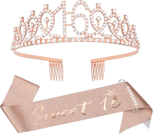 Vista 7 de Semato Kit de Corona de Cumpleaños 16 y Banda de Dulces 16 Rosa Claro - "Dulces 16" Adornos para Fiesta de Cumpleaños, Regalos para Fiesta