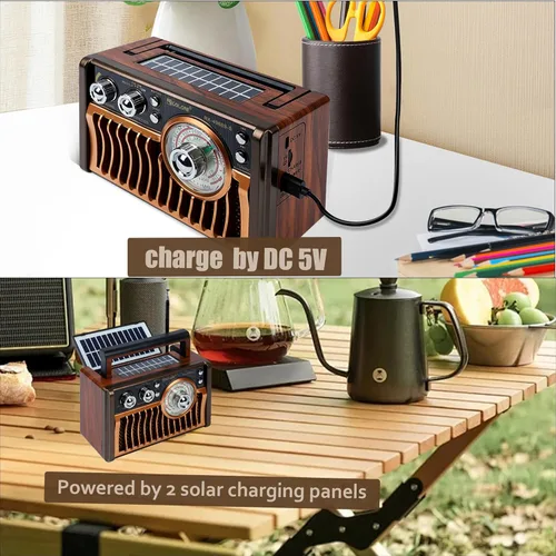 Vista 2 de Radios AM FM portátiles, radios retro con altavoces de alta potencia, compatible con alimentación USB y carga de paneles solares. Tarjeta Bluetooth