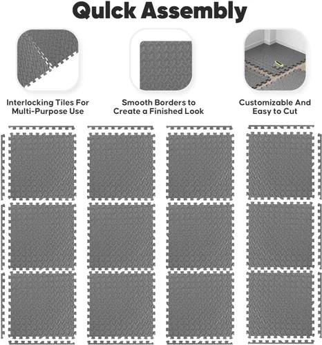 Vista 6 de Tapete de espuma EVA, estilo rompecabezas, baldosas conectables, para equipo de entrenamiento en casa y áreas de juego infantil, 24 x 24 x ½ Gris