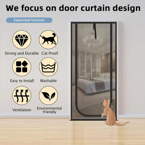 Vista 4 de QWR Puerta Mosquitera Mejorada para Mascotas que se Adapta a Tamaño de Abertura de Puerta de Hasta 30"x80", Puerta de Malla Resistente a Prueba