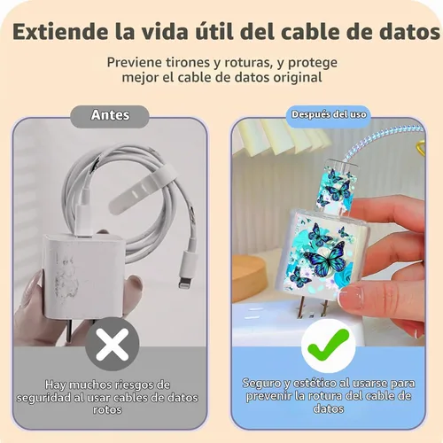 Vista 4 de Bonito protector de cable para cargador de Apple, bonito diseño de flores y mariposas, cable de datos USB, protector de cargador de teléfono