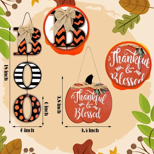 Vista 3 de Jetec Decoración de Halloween, letrero de abucheo para puerta delantera, decoración de otoño, decoración de otoño, letrero de calabaza de madera