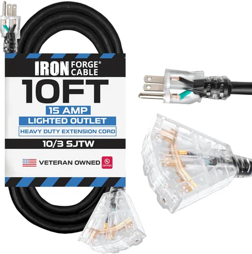Vista 21 de Iron Forge Cable 3 ft Lighted 10 Gauge Extension Cord 3 Outlets - Heavy Duty Extension Cord Outdoor with Multiple Outlets 15 AMP, 10/3 Black Power