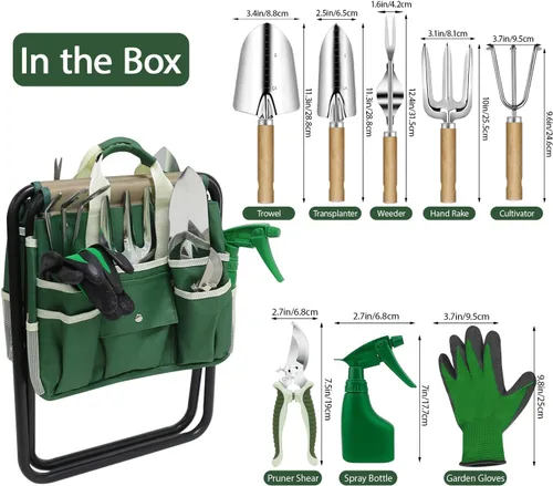 Vista 2 de Juego de herramientas de jardín, kit de 10 piezas con taburete plegable resistente, bolsa de almacenamiento desmontable, herramientas de acero