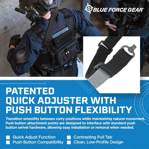 Vista 5 de Blue Force Gear Vickers - Eslinga con botón pulsador Se ajusta a posiciones de transporte Eslinga de 2 puntos con puntos QD 36-62 pulgadas