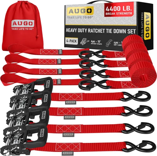 Vista 10 de AUGO Correas de trinquete retráctiles autobloqueantes 4 correas de amarre retráctiles de servicio pesado con autotensado con bucles suaves y bolsa