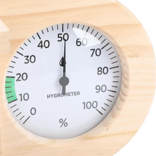 Vista 7 de Wooden Sauna Thermometer Hygrometer with Sand Timer - Dual Glass Dial Temperature Humidity with Color Zones, Wall Mount for Home Spa Relaxation Room