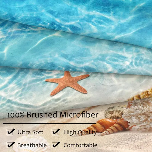 Vista 9 de Bedbay Juego de edredón con temática de playa, juego de edredón costero tamaño Queen, vida marina, turquesa, estrellas de mar, juego de edredón