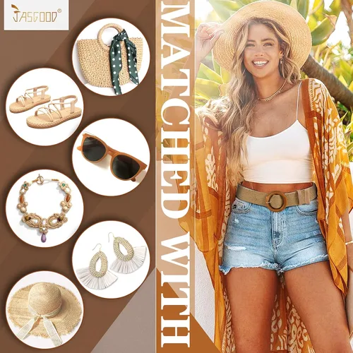 Vista 3 de JASGOOD Cinturones elásticos tejidos de paja para mujer, cinturones anchos bohemios trenzados con hebilla de estilo de madera