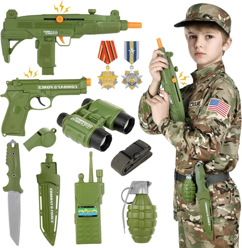GIFTINBOX Disfraz del ejército para niños, disfraz de soldado para Halloween para niños, juego de rol de 13 piezas con accesorios, juego de disfraz
