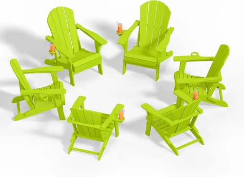 Vista 25 de Sillas plegables Adirondack con portavasos, juego de 4 sillas de plástico HDPE para exteriores, resistentes a la intemperie, aspecto de madera real