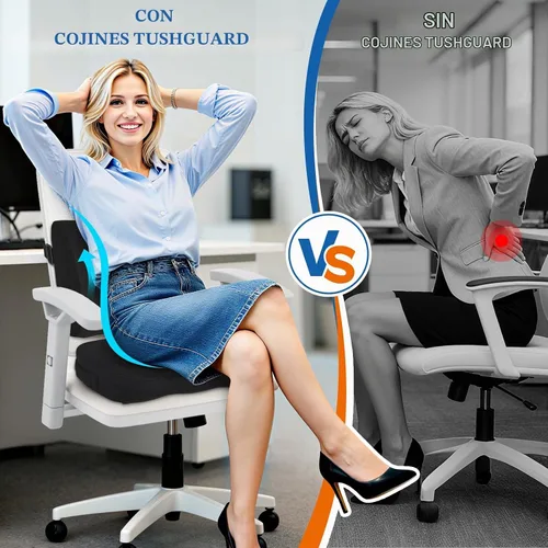 Vista 5 de TushGuard Cojín de Espalda y Asiento, Cojines de Asiento de Coche y Silla de Oficina, Almohada de Respaldo Lumbar de Espuma Viscoelástica Negro