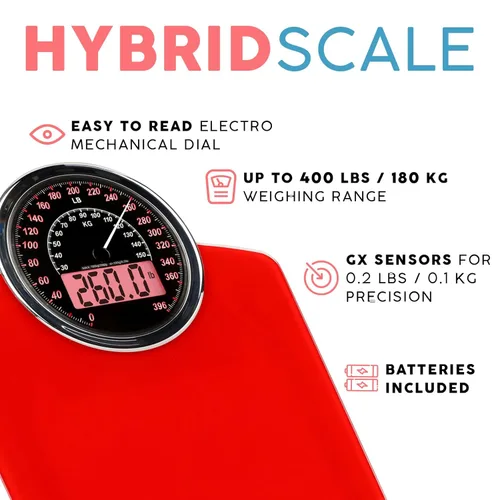 Vista 2 de Adamson Báscula de pesaje analógica y digital híbrida 2 en 1 para peso corporal de hasta 400 libras, vidrio templado grueso, pantalla extragrande