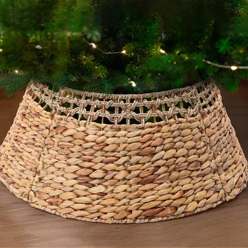 Leyndo Collar de árbol de Navidad tejido de ratán para árbol de Navidad, base de árbol de Navidad rústico natural y jacinto de agua para