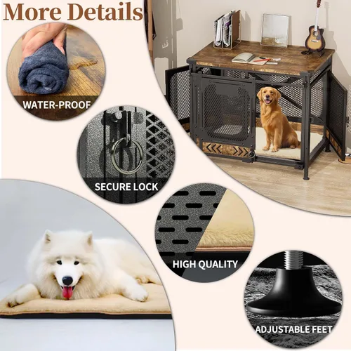 Vista 3 de Jaula grande para perros de 37.9 pulgadas, estilo mueble, con almohadilla para mesa auxiliar, jaula resistente para perros medianos y grandes
