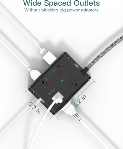 Vista 3 de Regleta Protectora contra Sobretensiones, 8 Tomas Ampliamente Espaciadas con 4 Puertos USB (1 Toma USB C), Addtam Regleta Extensora de 3 Lados