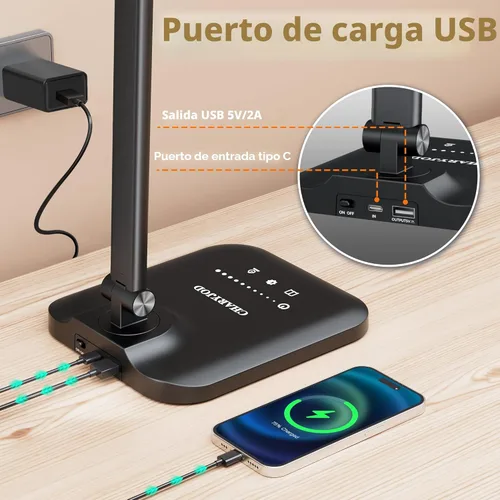Vista 2 de CHARYJOD - Lámpara LED de escritorio para oficina en casa, luz de escritorio de arquitecto de altura ajustable con adaptador USB, lámpara