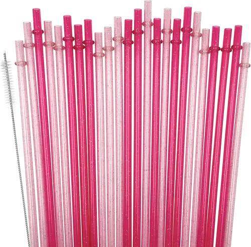Vista 8 de Paquete de 24 pajitas de plástico reutilizables con purpurina, vaso duro de 11 pulgadas de largo con cepillo de limpieza, apto para lavavajillas