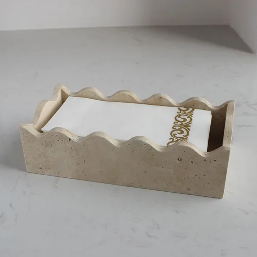 Portatollas para invitados de travertino natural de 9.8" × 4.9" para baño, portaservilletas rectangular con borde festoneado, bandeja para toallas