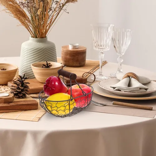 Vista 9 de 1 cesta creativa de alambre retro con asa, cesta de huevo de alambre con mango de madera, soporte de almacenamiento grande para huevos de pollo