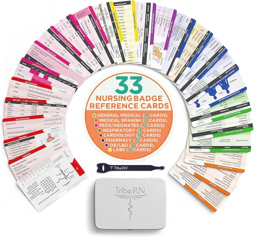 BadgeGuru - Tarjetas de referencia de insignia de enfermería, 33 tarjetas de identificación de enfermera de doble cara, 66 hojas de trucos,