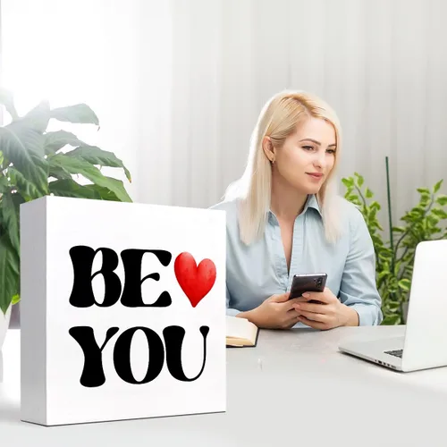 Vista 7 de Letrero de madera con texto en inglés «Be You», letreros de madera inspiradores, decoración de escritorio motivacional, decoración de madera