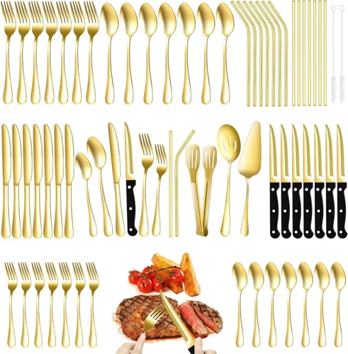 Vista 11 de Juego de cubiertos negros de 69 piezas con cuchillo de carne para 8, cubiertos de acero inoxidable, cucharas y tenedores de pulido de espejo