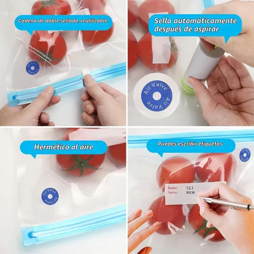 Vista 8 de Bolsas Sous Vide 28 piezas, sin BPA, reutilizables, con válvula de aire, almacenamiento de alimentos de doble capa para cocinar, almacenar alimentos