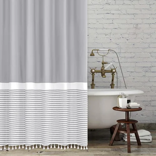 Vista 10 de Cortina de ducha gris Seasonwood Moderna de tela con borlas blancas, cortinas de ducha estilo casa de campo a rayas, impermeable, 72x72 pulgadas