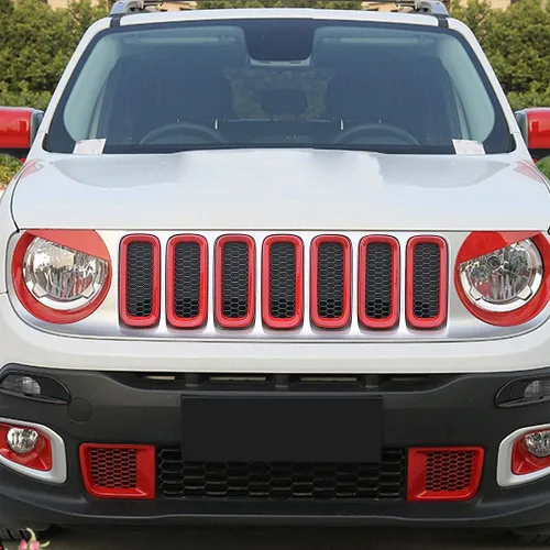 Vista 2 de Juego de 7 insertos de malla de rejilla frontal ABS Rejilla Cubiertas de malla Kit de ajuste para Jeep Renegade 2016 2017 2018 (rojo)
