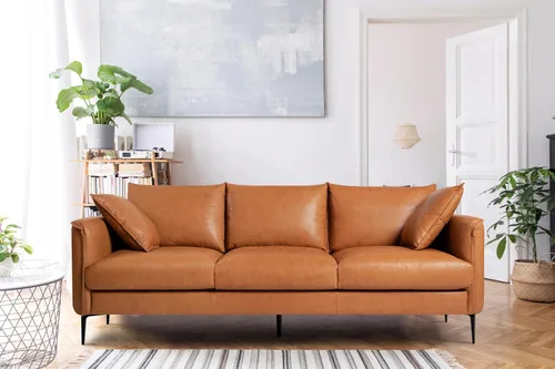 Vista 3 de Valencia Jasper - Sofá biplaza de cuero completo de 60 pulgadas, sofá de cuero de mediados de siglo con 2 almohadas para muebles de sala de estar