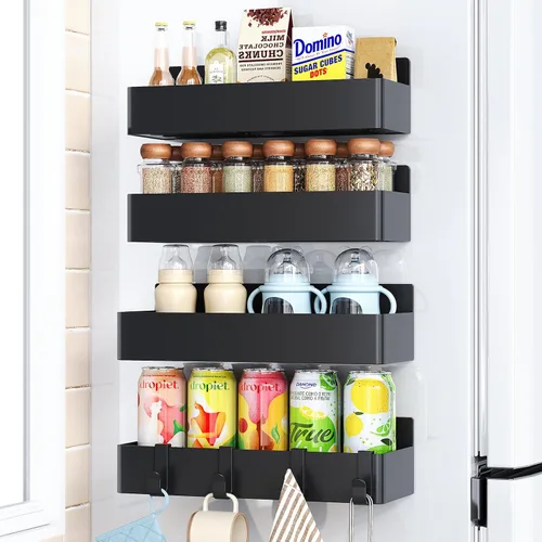 Mystozer Estante Magnético para Especias para Refrigerador, Organizador de Cocina y Estante de Almacenamiento, Negro (Paquete de 4)..