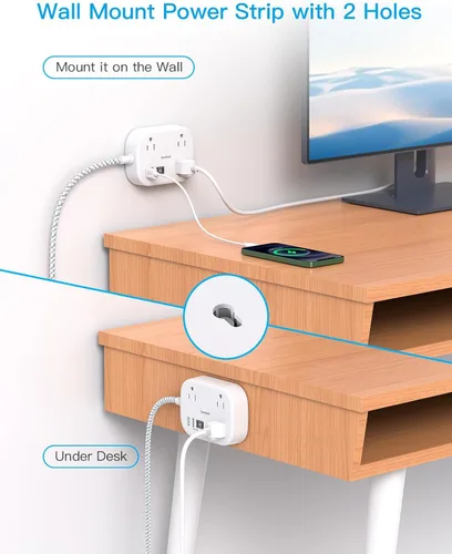 Vista 6 de One Beat Cruise Ship Essentials, regleta de alimentación de viaje con USB C, cable de extensión de enchufe plano con 3 tomas, 4 puertos USB