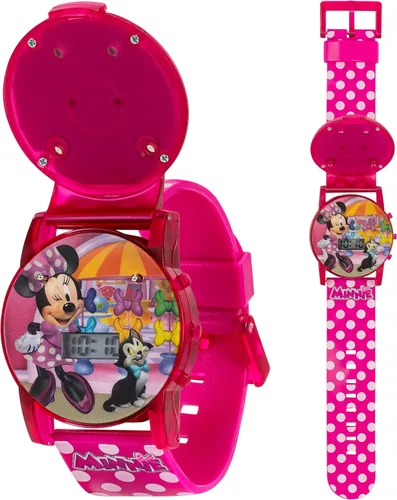 Disney Minnie Mouse - Reloj musical intermitente para niños con efectos de sonido, luces LED coloridas, cubierta abatible interactiva, pantalla de