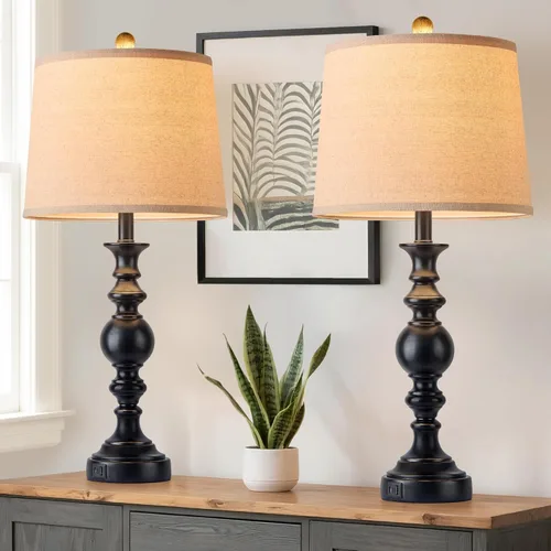 Vista 8 de Juego de 2 lámparas de mesa de 28 pulgadas para sala de estar, lámparas de estilo granja para dormitorio con puertos USB, lámpara de mesa de noche