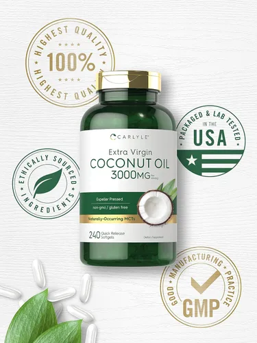 Vista 5 de Carlyle Cápsulas de cápsulas blandas extra virgen de aceite de coco 3000 mg 240 unidades MCT de origen natural Suplemento sin OMG y sin